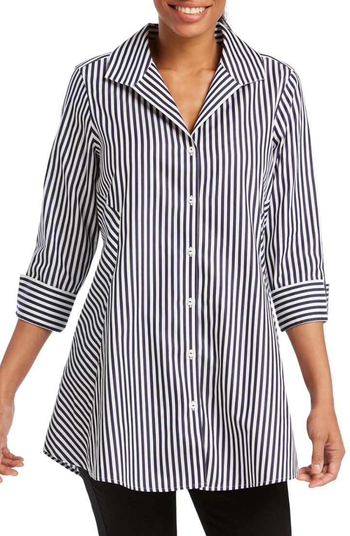 Women's Foxcroft Cecilia Stripe Cotton Sateen Tunic Blouse - Blue