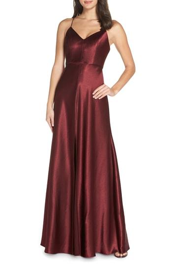 Women's Jenny Yoo Dina V-neck Satin Crepe Gown - Red