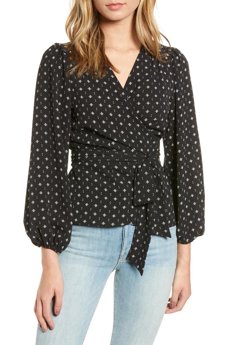 Women's Hinge Floral Spot Wrap Top, Size - Black