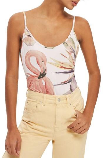 Women's Topshop Tie Back Flamingo Print Bodysuit Us (fits Like 0) - Pink