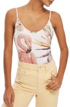 Women's Topshop Tie Back Flamingo Print Bodysuit Us (fits Like 0) - Pink