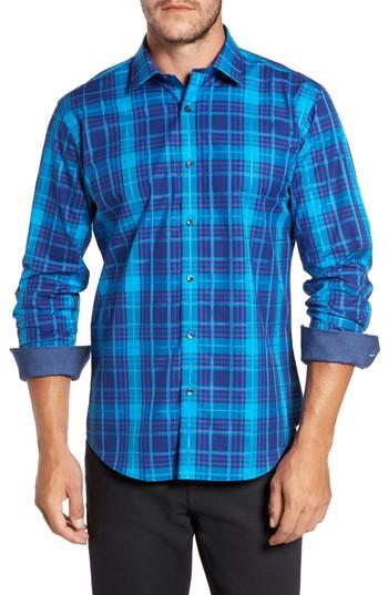Men's Bugatchi Trim Fit Plaid Sport Shirt, Size - Blue
