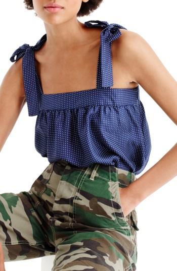 Women's J.crew Polka Dot Silk Tie Shoulder Top - Blue