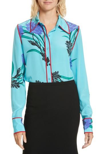Women's Diane Von Furstenberg Floral Print Stretch Silk Shirt - Blue/green