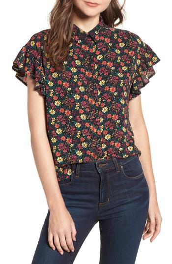 Women's Bp. Ruffle Sleeve Print Shirt, Size - Black
