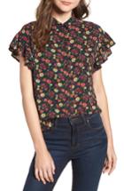 Women's Bp. Ruffle Sleeve Print Shirt, Size - Black