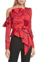 Women's Self-portrait Azalea Print Ruffle Detail One-shoulder Top