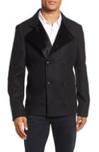 Men's John Varvatos Velvet Detail Wool Blend Pea Coat, Size - Black