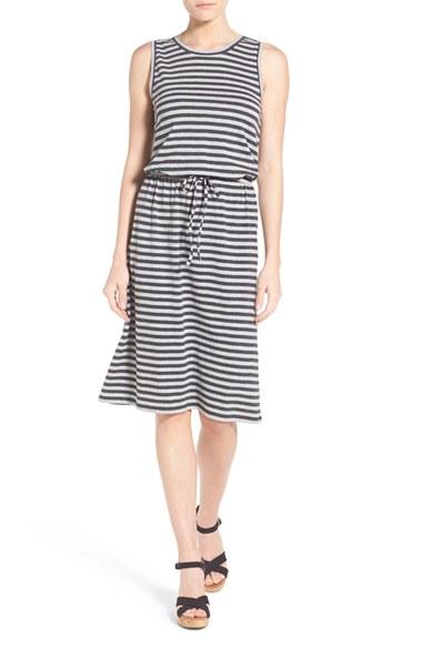 Petite Women's Caslon Sleeveless Cotton Blend Knit Drawstring Waist Dress P - Grey