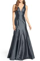 Women's Monique Lhuillier Bridesmaids Deep V-neck Taffeta Trumpet Gown - Grey
