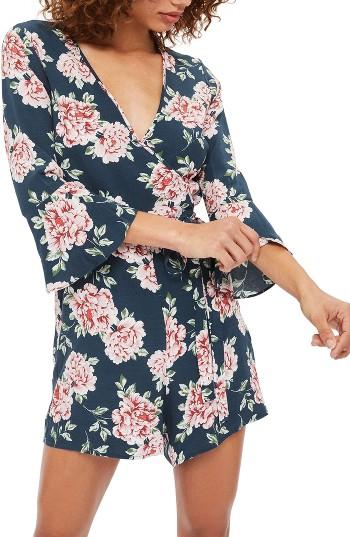 Petite Women's Topshop Rose Print Romper P Us (fits Like 2-4p) - Blue