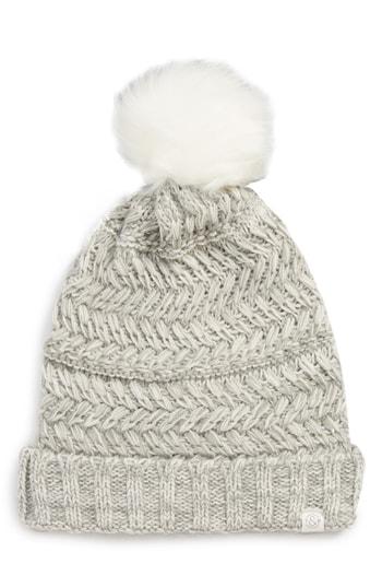 Women's Treasure & Bond Cable Knit Beanie With Faux Fur Pom - Grey