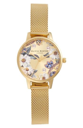 Women's Olivia Burton Bejewelled Floral Mesh Strap Watch, 30mm