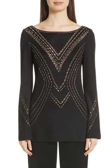 Women's St. John Collection Geometric Pointelle Jacquard Sweater - Black
