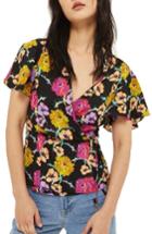 Women's Topshop Floral Wrap Blouse Us (fits Like 2-4) - Black