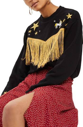Women's Topshop By Tee & Cake Western Fringe Sweatshirt Us (fits Like 0) - Black