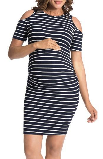 Women's Bun Maternity Cold-shoulder Maternity Dress - Blue
