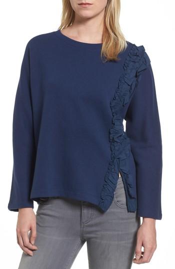 Women's Halogen Side Ruffle Sweatshirt, Size - Blue