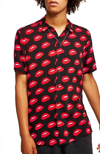 Men's Topman Lips Print Shirt - Black