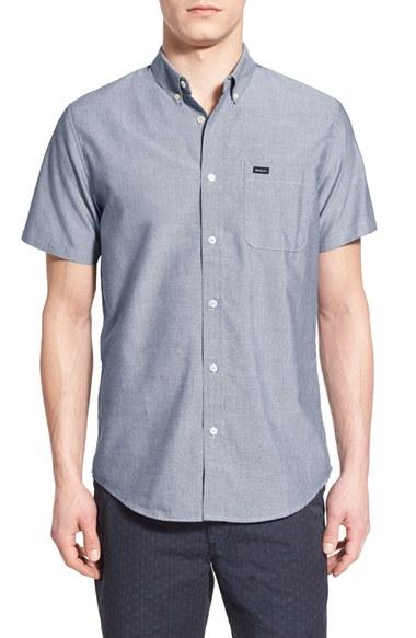 Men's Rvca 'that'll Do' Slim Fit Short Sleeve Oxford Shirt, Size - Blue