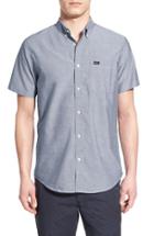 Men's Rvca 'that'll Do' Slim Fit Short Sleeve Oxford Shirt, Size - Blue