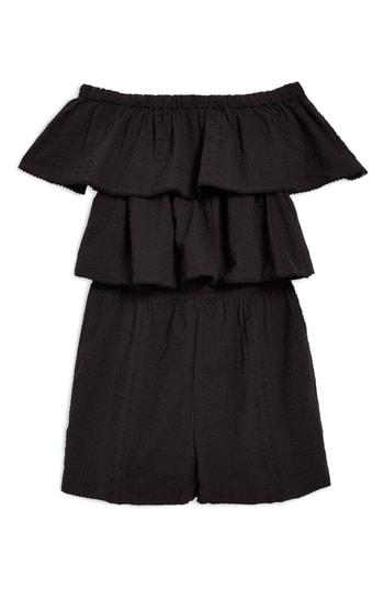 Women's Topshop Ruffle Tiered Off The Shoulder Romper Us (fits Like 0) - Black