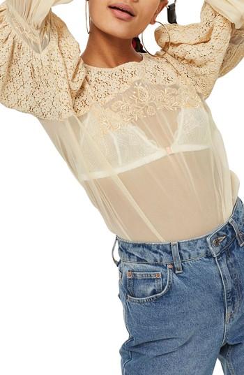 Women's Topshop Lace Blouson Top Us (fits Like 0-2) - Ivory