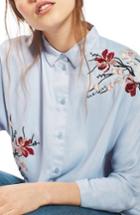 Women's Topshop Tokyo Fusion Embroidered Shirt Us (fits Like 6-8) - Blue