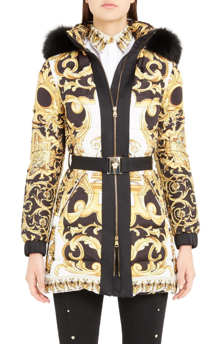 Women's Versace Stamp Print Genuine Fox Fur Trim Quilted Coat Us / 50 It - Metallic