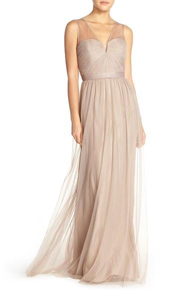 Women's Amsale 'alyce' Illusion V-neck Pleat Tulle Gown - Beige