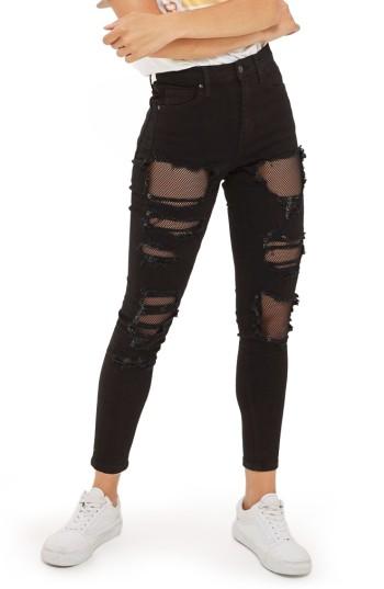 Women's Topshop Jamie Black Fishnet Rip Skinny Jeans X 30 - Black