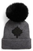 Women's Moose Knuckles Maple Leaf Toque Hat With Removable Genuine Fox Fur Pom - Black