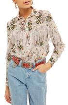 Women's Topshop Rodeo Fringe Floral Shirt Us (fits Like 0) - Ivory