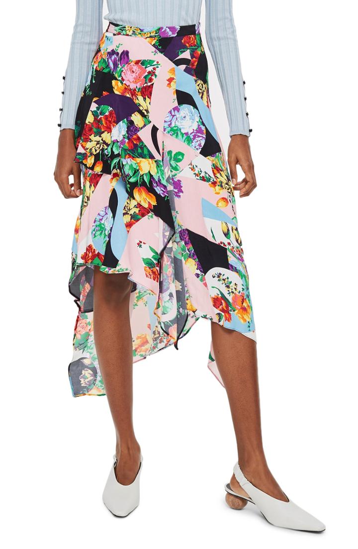 Women's Topshop Spliced Floral Print Midi Skirt Us (fits Like 0) - Pink