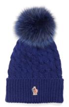 Women's Moncler Genuine Fox Fur Pom Ribbed Wool Beanie - Blue