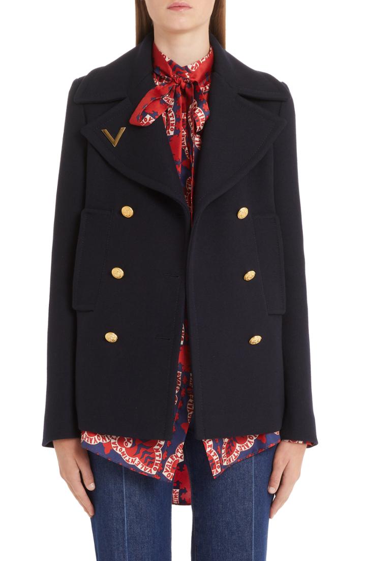 Women's Valentino V-detail Double Face Wool Peacoat - Blue