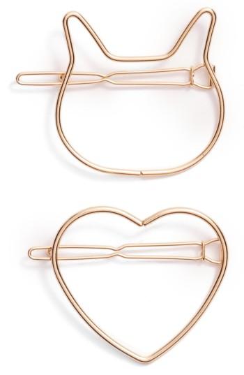 Berry Set Of 2 Cat & Heart Hair Clips, Size - Metallic