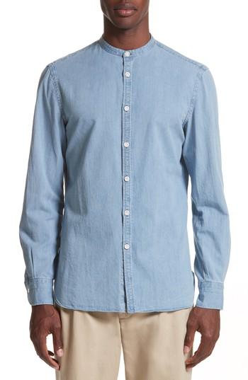 Men's Eidos Napoli Washed Denim Band Collar Shirt, Size - Blue