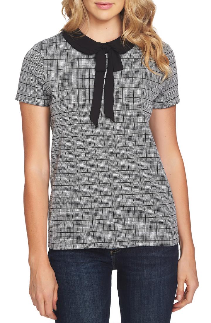 Women's Cece Glen Plaid Bow Collar Top - Black