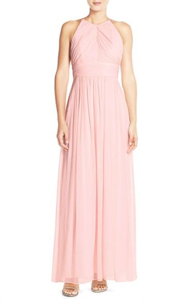 Women's Dessy Collection Ruched Chiffon Open Back Halter Gown - Pink