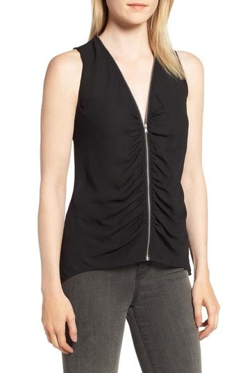 Women's Trouve Zip Shirred Top, Size - Black