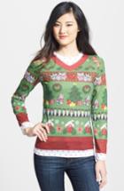 Women's Faux Real Cats Ugly Christmas Long Sleeve Novelty Tee, Size - Green