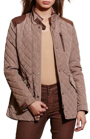 Women's Lauren Ralph Lauren Diamond Quilted Jacket With Faux Leather Trim - Brown
