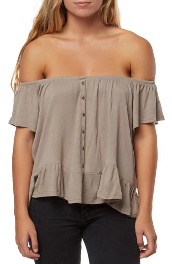 Women's O'neill Farrah Ruffle Trim Off The Shoulder Top - Beige
