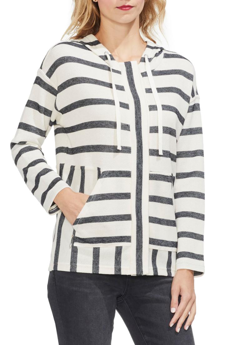 Women's Vince Camuto Stripe Pique Hooded Jacket, Size - Ivory