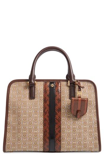 Tory Burch Gemini Link Jacquard Snake Satchel With Genuine Snakeskin Trim - Brown