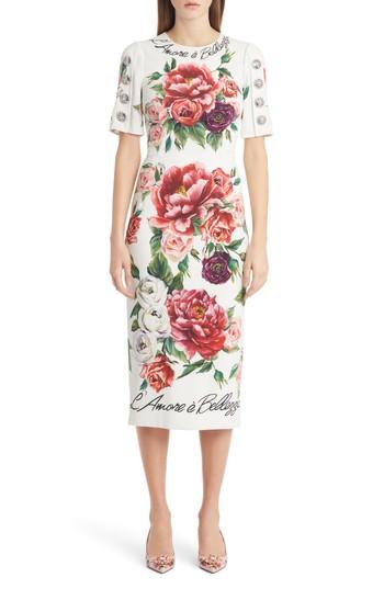 Women's Dolce & Gabbana Jewel Button Peony Print Cady Dress Us / 40 It - White