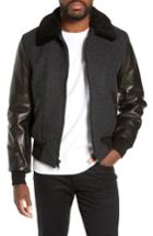 Men's Schott Nyc Mixed Media B-15 Flight Jacket With Genuine Shearling Collar - Black