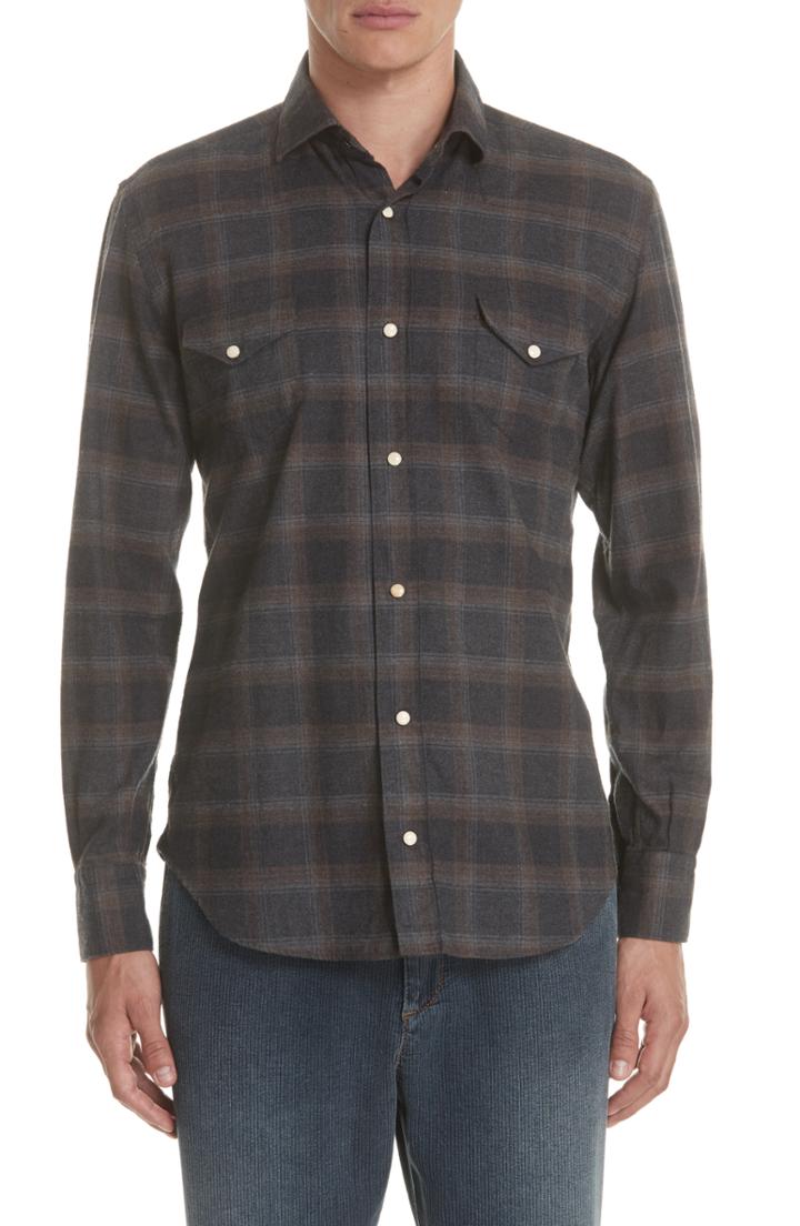 Men's Eleventy Slim Fit Plaid Western Shirt, Size - Grey