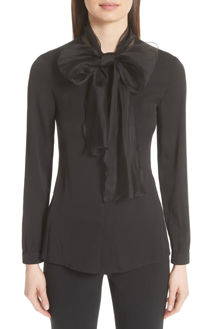 Women's Emporio Armani Organza Bow Stretch Silk Blouse Us / 38 It - Black